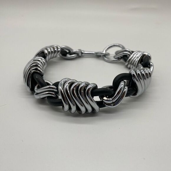 Unique Black Rubber & Silver 1” X 14” Choker Collar Snap Closure Clasp 7.9 oz - Picture 1 of 10